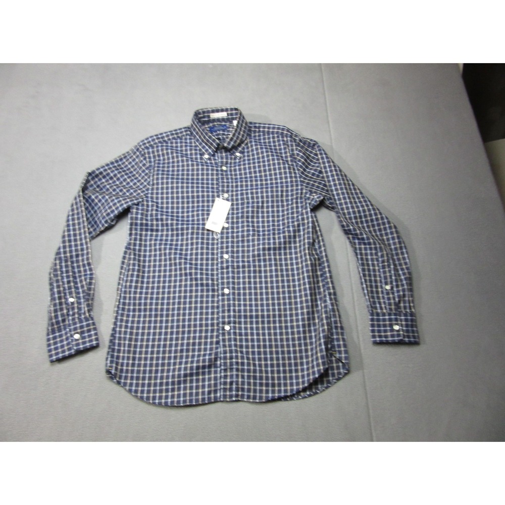 J Michaels Shirt Men Medium Blue Grid Plaid Borrell Twill Button Down Office New